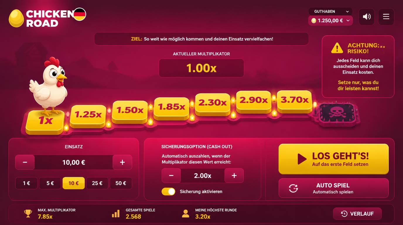 Das Huhn geht Schritt für Schritt – Multiplikator wächst, Einsatz und sicheren Ausstieg auf Deutsch sichtbar.